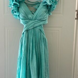 DO+BE Green Ruched Maxi Dress Plunge Neckline Wedding Guest